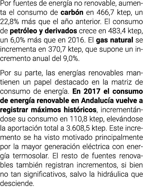 Por fuentes de energ a no renovable  aumenta el consumo de carb n en 466 7 ktep  un 22 8  m s que el a o anterior  El   