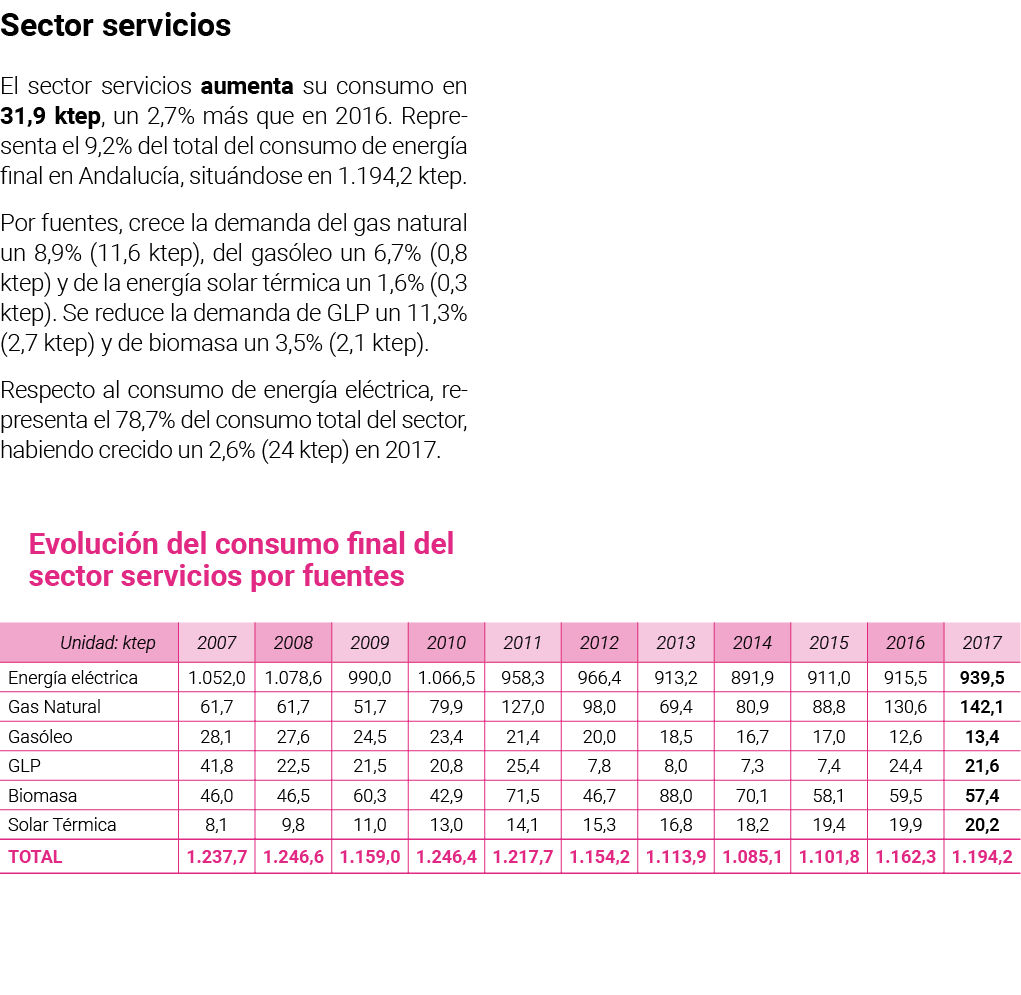 Sector servicios El sector servicios aumenta su consumo en 31 9 ktep  un 2 7  m s que en 2016  Representa el 9 2  del   