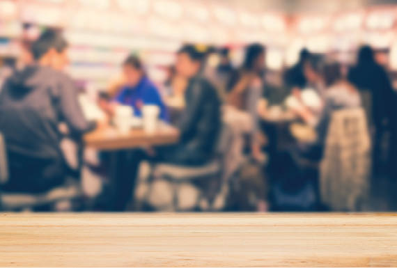 Table top counter with blurred Coffee shop - well used for present and promote products 