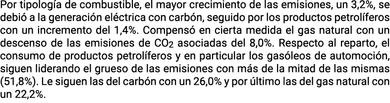 Por tipolog a de combustible  el mayor crecimiento de las emisiones  un 3 2   se debi  a la generaci n el ctrica con    
