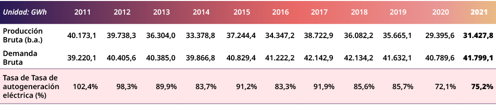 Unidad: GWh,2011,2012,2013,2014,2015,2016,2017,2018,2019,2020,2021,Producci n Bruta (b.a.),40.173,1,39.738,3,36.304,0...