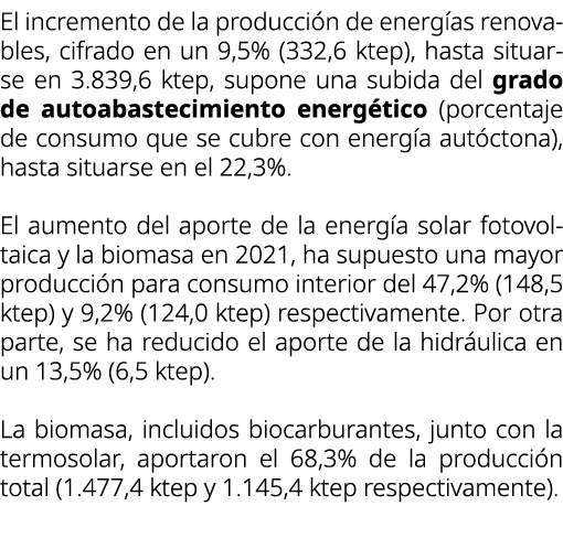 El incremento de la producci n de energ as renovables, cifrado en un 9,5% (332,6 ktep), hasta situarse en 3.839,6 kte...