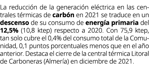 La reducci n de la generaci n el ctrica en las centrales t rmicas de carb n en 2021 se traduce en un descenso de su c...