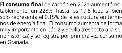 El consumo final de carb n en 2021 aument notablemente, un 228%, hasta los 19,5 ktep si bien solo representa el 0,15...