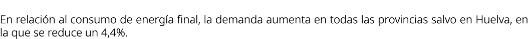 En relaci n al consumo de energ a final, la demanda aumenta en todas las provincias salvo en Huelva, en la que se red...
