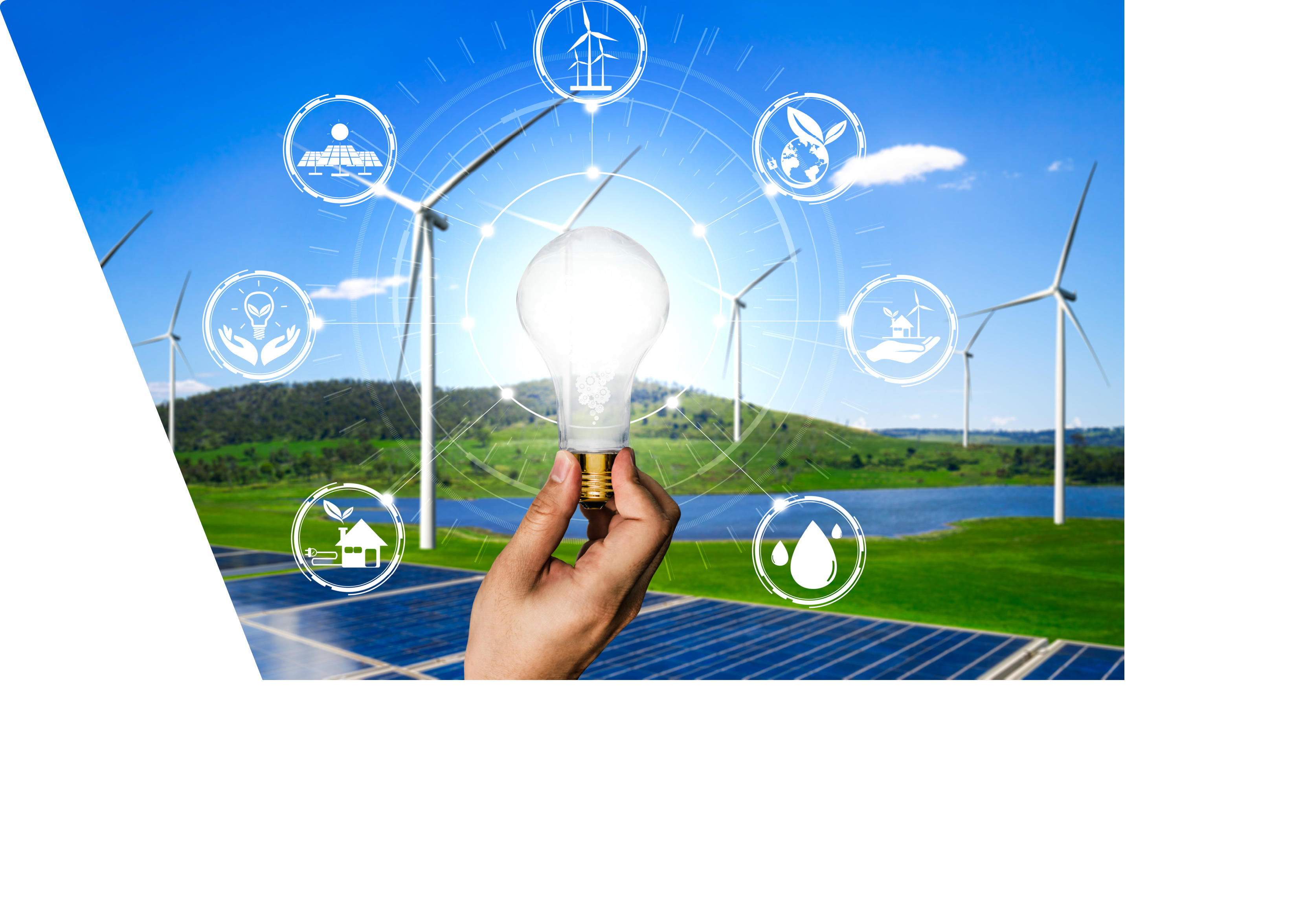 Green energy innovation light bulb with future industry of power generation icon graphic interface. Concept of sustainability development by alternative energy.