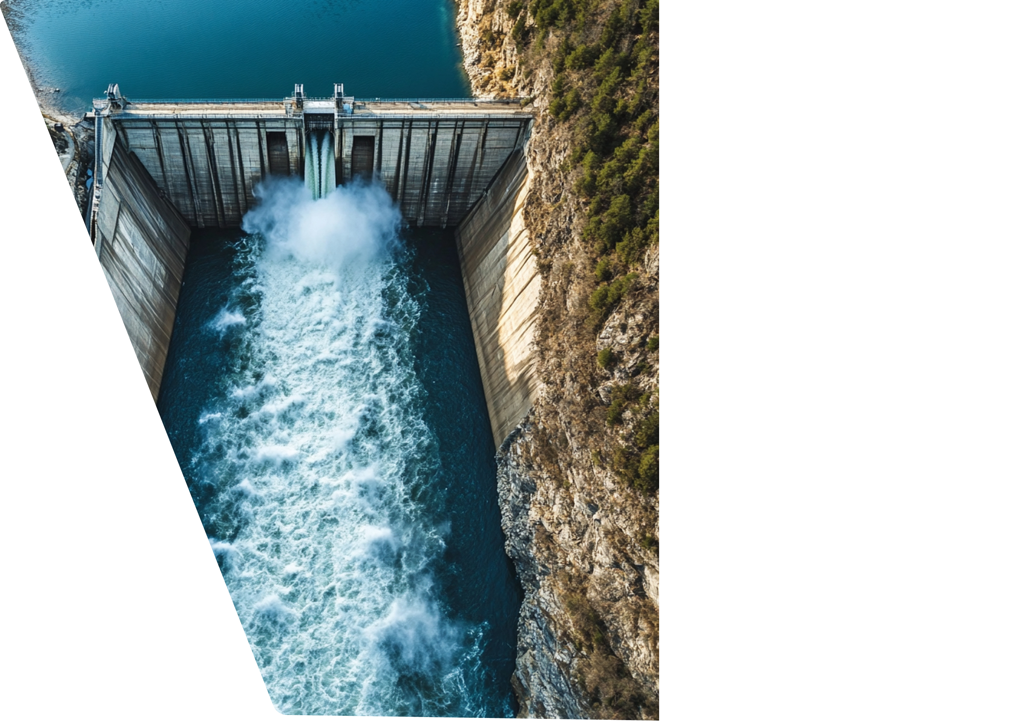 Hydroelectric dam on the river, water discharge from the reservoir, aerial photo
