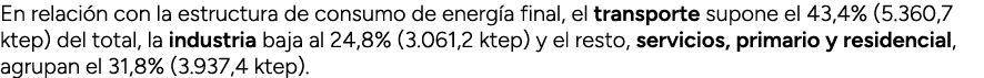 En relaci n con la estructura de consumo de energ a final, el transporte supone el 43,4% (5.360,7 ktep) del total, la...