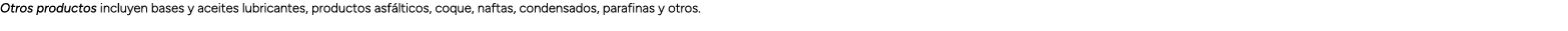 Otros productos incluyen bases y aceites lubricantes, productos asf lticos, coque, naftas, condensados, parafinas y o...