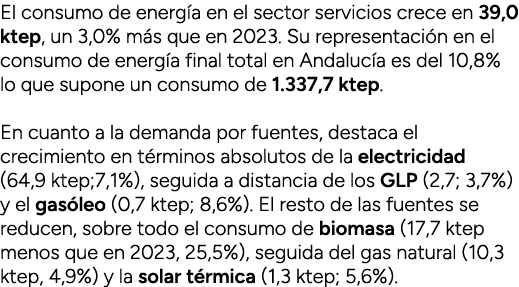 El consumo de energ a en el sector servicios crece en 39,0 ktep, un 3,0% m s que en 2023. Su representaci n en el con...