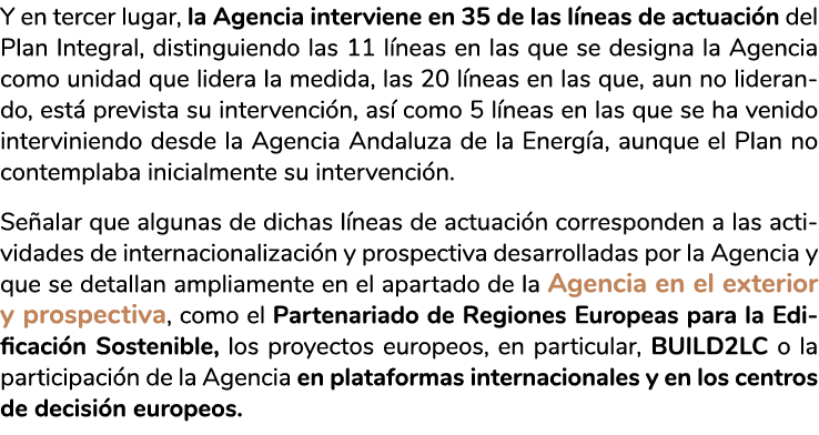 Y en tercer lugar  la Agencia interviene en 35 de las l neas de actuaci n del Plan Integral  distinguiendo las 11 l n   