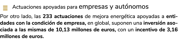   Actuaciones apoyadas para empresas y aut nomos Por otro lado  las 233 actuaciones de mejora energ tica apoyadas a e   