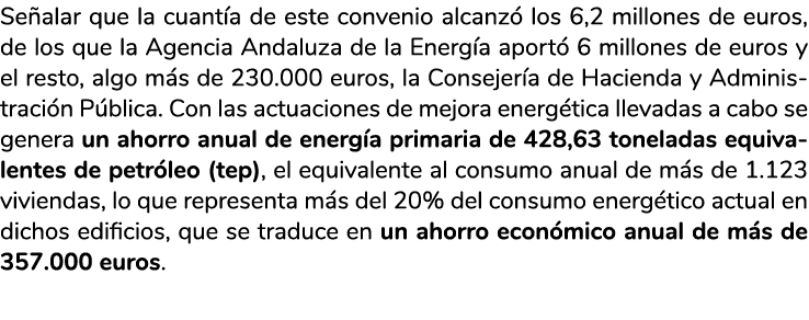 Se alar que la cuant a de este convenio alcanz  los 6 2 millones de euros  de los que la Agencia Andaluza de la Energ   