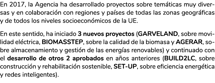 En 2017  la A gencia ha desarrollado proyectos sobre tem ticas muy diversas y en colaboraci n con regiones y pa ses d   