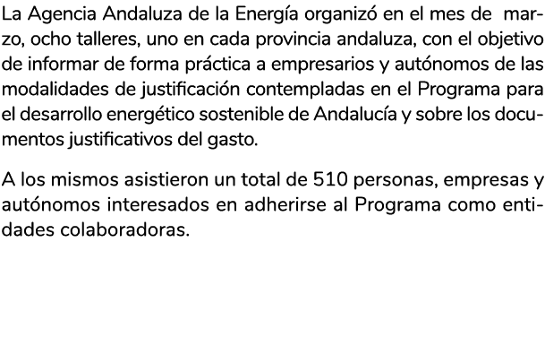 La Agencia Andaluza de la Energ a organiz  en el mes de marzo  ocho talleres  uno en cada provincia andaluza  con el    