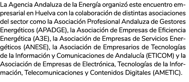 La Agencia Andaluza de la Energ a organiz  este encuentro empresarial en Huelva con la colaboraci n de distintas asoc   