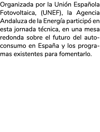 Organizada por la Uni n Espa ola Fotovoltaica   UNEF   la Agencia Andaluza de la Energ a particip  en esta jornada t    
