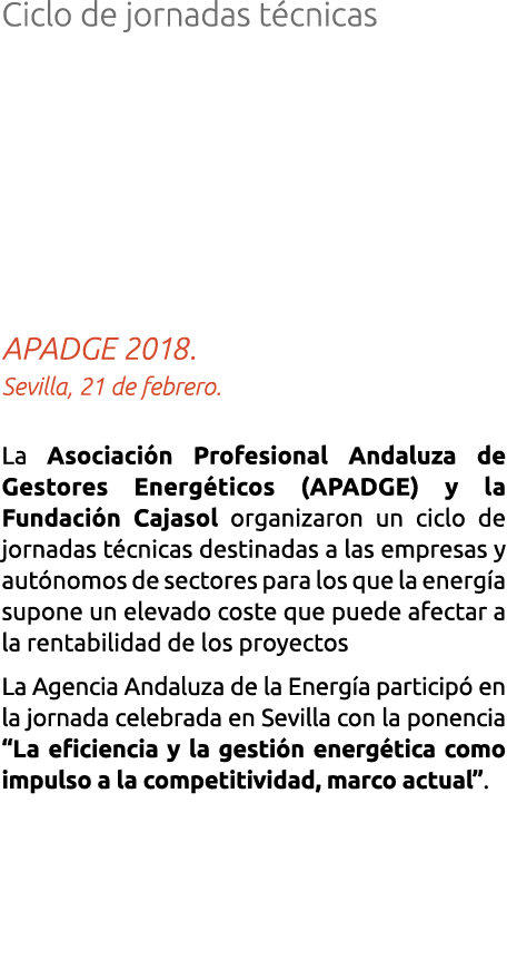 Ciclo de jornadas t cnicas APADGE 2018  Sevilla  21 de febrero  La Asociaci n Profesional Andaluza de Gestores Energ    
