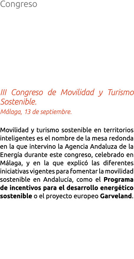 Congreso III Congreso de Movilidad y Turismo Sostenible  M laga  13 de septiembre  Movilidad y turismo sostenible en    