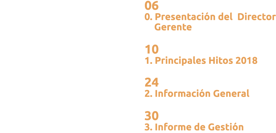  06 0  Presentaci n del Director Gerente 10 1  Principales Hitos 2018 24 2  Informaci n General 30 3  Informe de Gest   