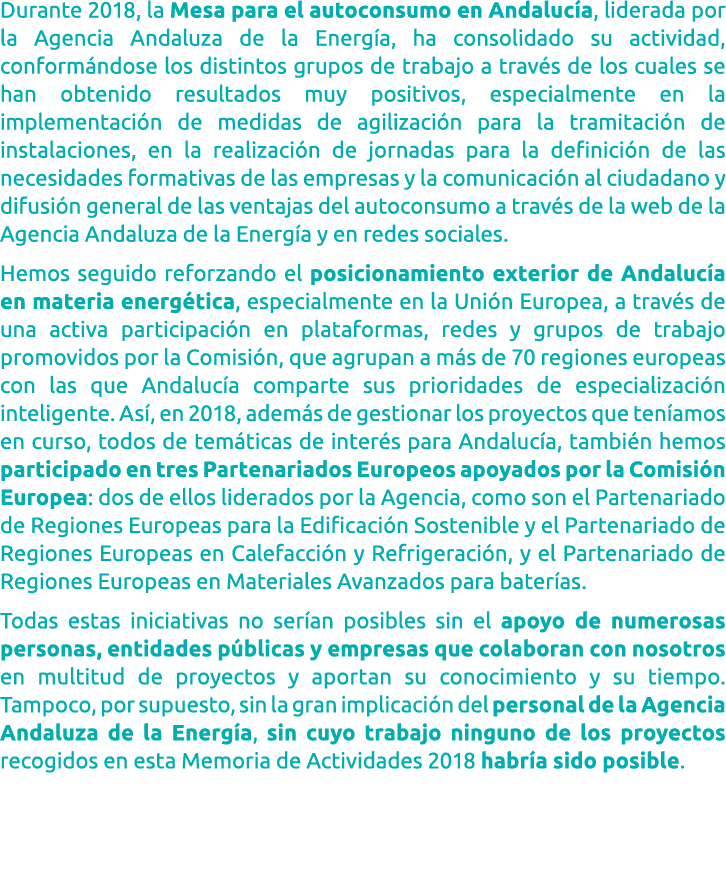 Durante 2018  la Mesa para el autoconsumo en Andaluc a  liderada por la Agencia Andaluza de la Energ a  ha consolidad   