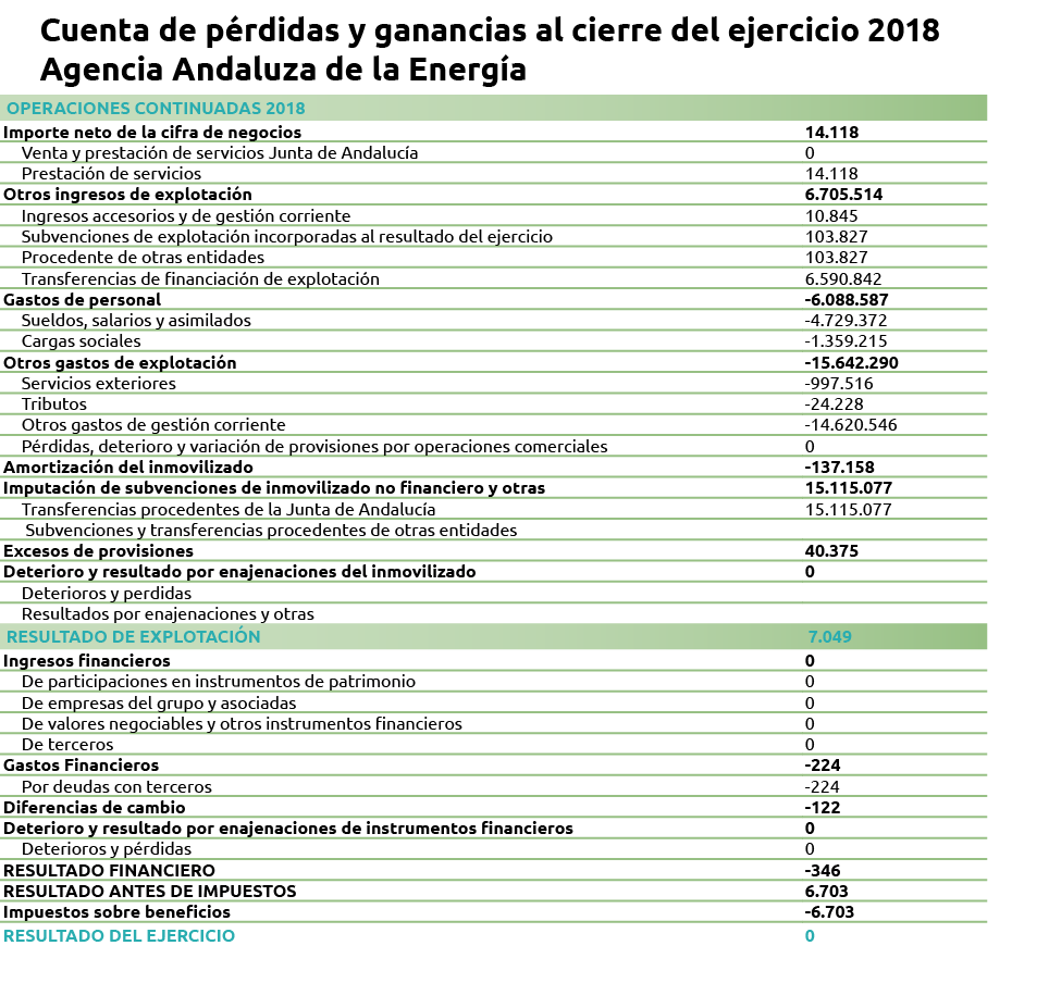 Cuenta de p rdidas y ganancias al cierre del ejercicio 2018 Agencia Andaluza de la Energ a OPERACIONES CONTINUADAS 20   