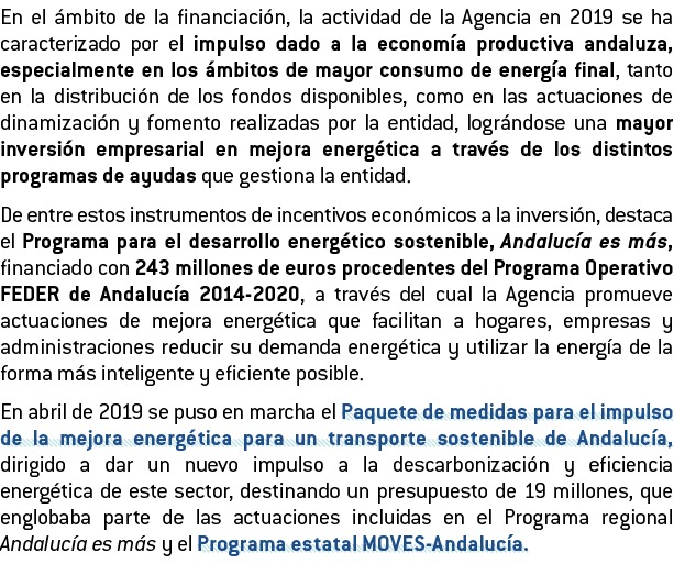 En el  mbito de la financiaci n  la actividad de la Agencia en 2019 se ha caracterizado por el impulso dado a la econ   