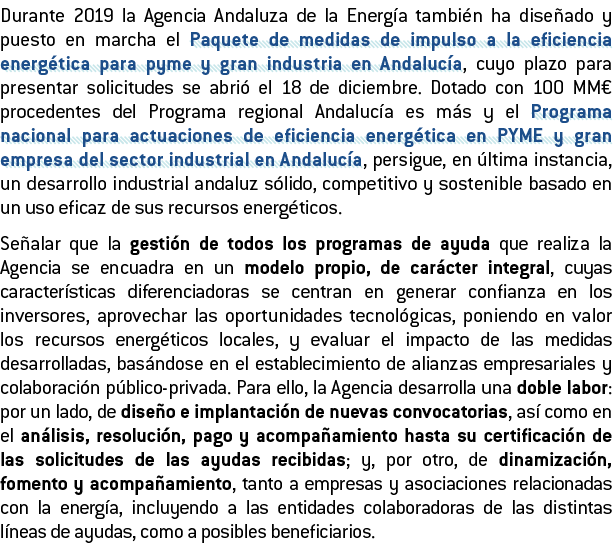 Durante 2019 la Agencia Andaluza de la Energ a tambi n ha dise ado y puesto en marcha el Paquete de medidas de impuls   