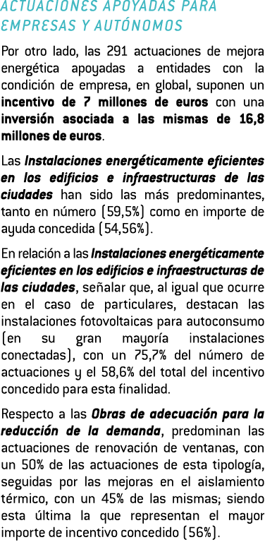 Actuaciones apoyadas para empresas y aut nomos Por otro lado  las 291 actuaciones de mejora energ tica apoyadas a ent   