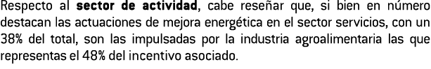 Respecto al sector de actividad  cabe rese ar que  si bien en n mero destacan las actuaciones de mejora energ tica en   