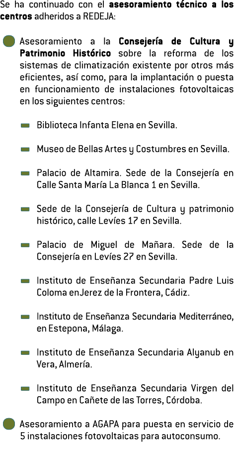 Se ha continuado con el asesoramiento t cnico a los centros adheridos a REDEJA    Asesoramiento a la Consejer a de Cu   