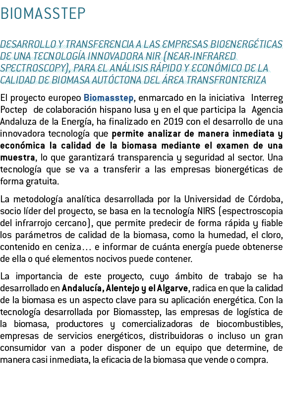 BIOMASSTEP Desarrollo y transferencia a las empresas bioenerg ticas de una tecnolog a innovadora NIR  Near-Infrared S   