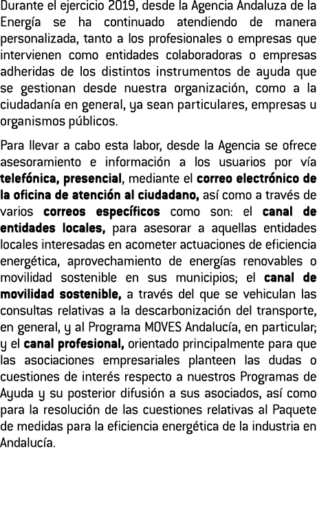 Durante el ejercicio 2019  desde la Agencia Andaluza de la Energ a se ha continuado atendiendo de manera personalizad   