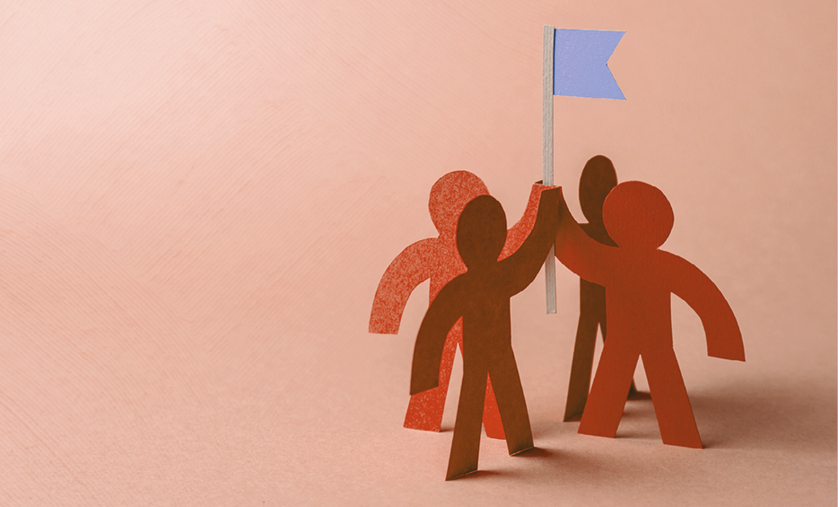 Business team and red flag with goal  The team seeks to achieve the goal  Copy space for text