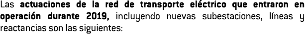 Las actuaciones de la red de transporte el ctrico que entraron en operaci n durante 2019  incluyendo nuevas subestaci   