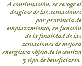 A continuaci n  se recoge el desglose de las actuaciones por provincia de emplazamiento  en funci n de la finalidad d   