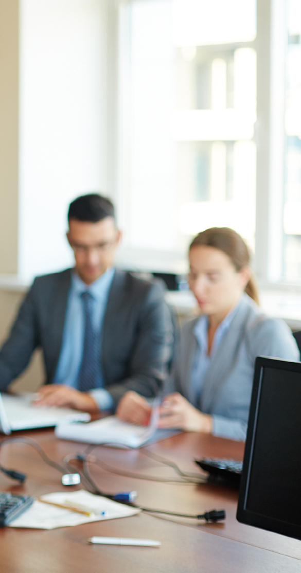 Confident businessman pointing at document while explaining his idea to his partner on background of their colleagues