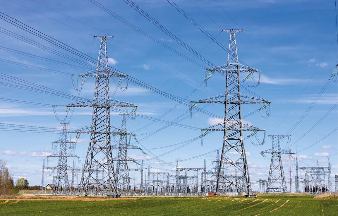 High voltage electricity pylons, transmission power lines, and distribution substations.
