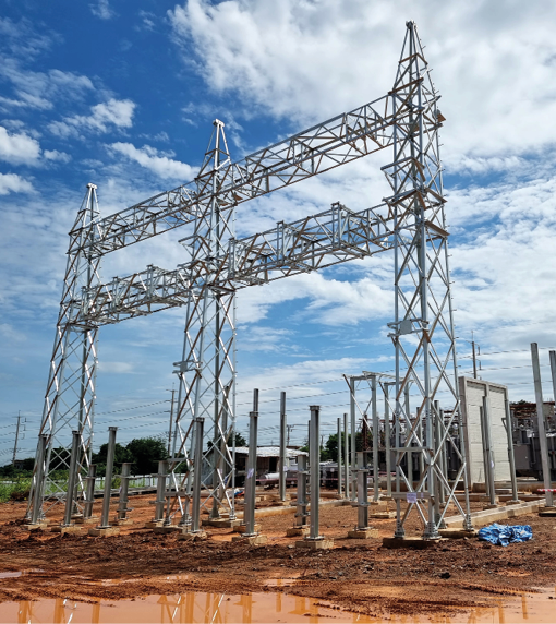 Construction of Substation: Steel structure of high voltage take-off tower in the switchyard, Power transformer foundation, and control building