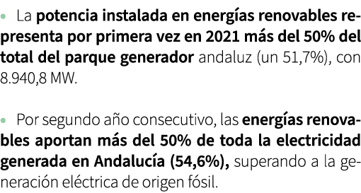 • La potencia instalada en energ as renovables representa por primera vez en 2021 m s del 50% del total del parque ge...