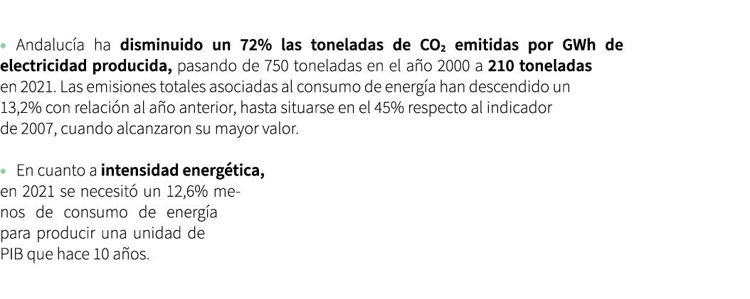  • Andaluc a ha disminuido un 72% las toneladas de CO2 emitidas por GWh de electricidad producida, pasando de 750 ton...