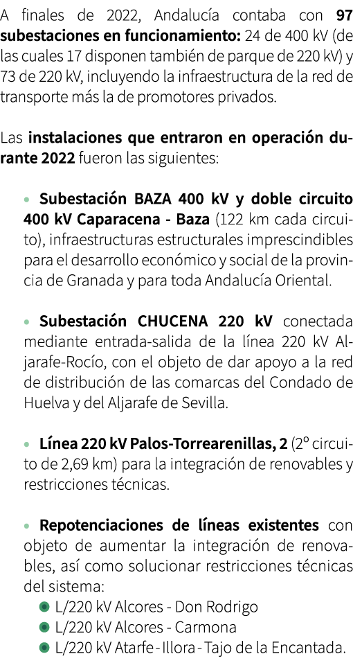 A finales de 2022, Andaluc a contaba con 97 subestaciones en funcionamiento: 24 de 400 kV (de las cuales 17 disponen ...