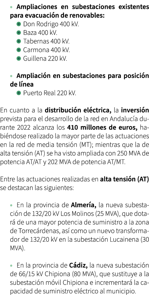 • Ampliaciones en subestaciones existentes para evacuaci n de renovables: Don Rodrigo 400 kV.  Baza 400 kV.  Taberna...