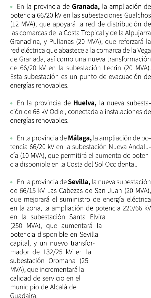 • En la provincia de Granada, la ampliaci n de potencia 66/20 kV en las subestaciones Gualchos (12 MVA), que apoyar ...