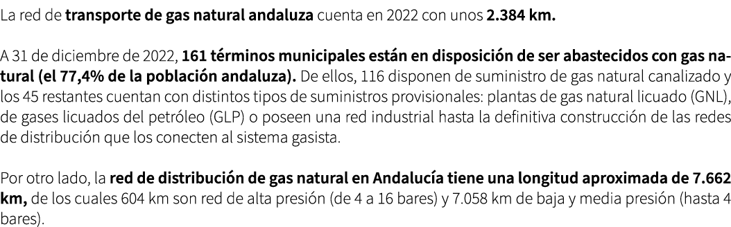 La red de transporte de gas natural andaluza cuenta en 2022 con unos 2.384 km. A 31 de diciembre de 2022, 161 t rmino...