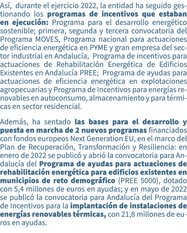 As , durante el ejercicio 2022, la entidad ha seguido gestionando los programas de incentivos que estaban en ejecuci ...