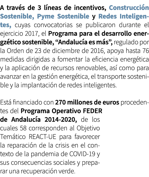 A trav s de 3 l neas de incentivos, Construcci n Sostenible, Pyme Sostenible y Redes Inteligentes, cuyas convocatoria...