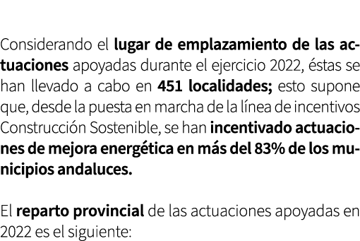  Considerando el lugar de emplazamiento de las actuaciones apoyadas durante el ejercicio 2022, stas se han llevado a...