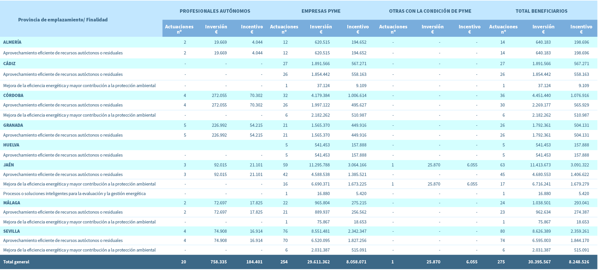 Provincia de emplazamiento/ Finalidad,Profesionales aut nomos,Empresas Pyme,Otras con la condici n de Pyme,Total bene...