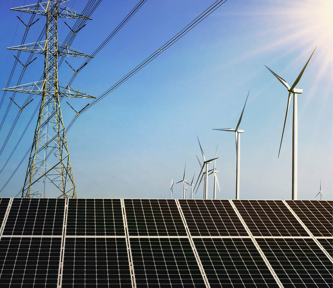 solar panel with wind turebine and electricity high voltage . concept clean energy